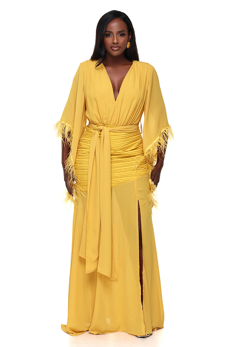 Golden Goddess Feather Sleeve Maxi Dress- FINAL SALE – Kayl The Label