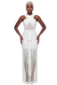 The Drama Ruched Fringe Maxi Dress (White)