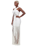 The Drama Ruched Fringe Maxi Dress (White)