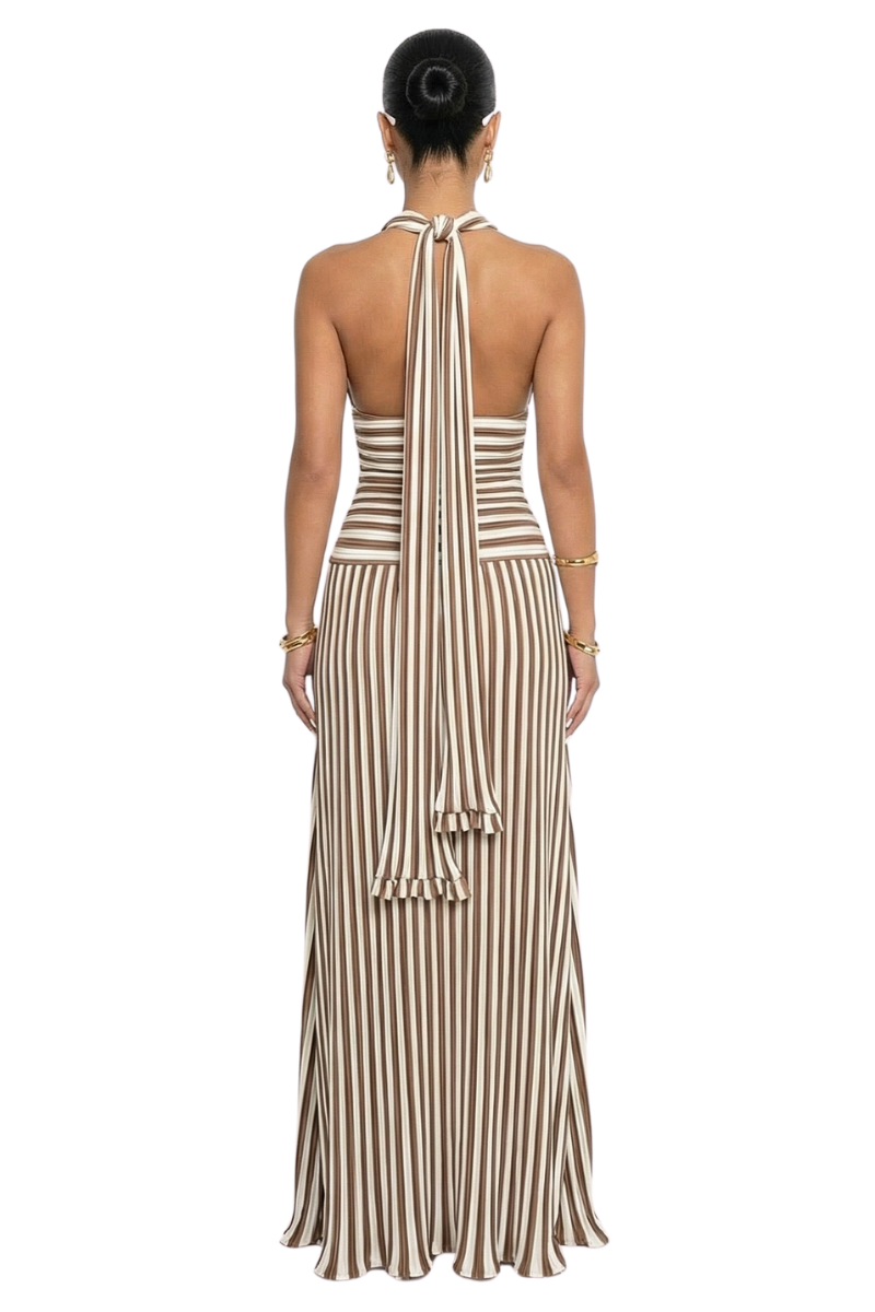 esmira halter maxi dress brown stripe Esmira Halter Maxi Dress Brown Stripe Curve main image 0