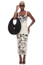Line Art Bodycon Midi Dress (White)